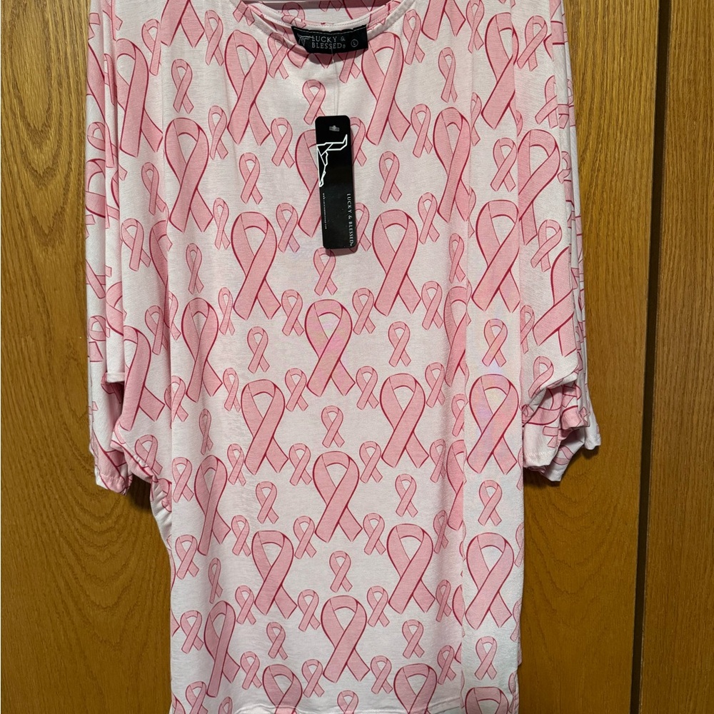 Lucky & Blessed Pink Ribbon Print Top